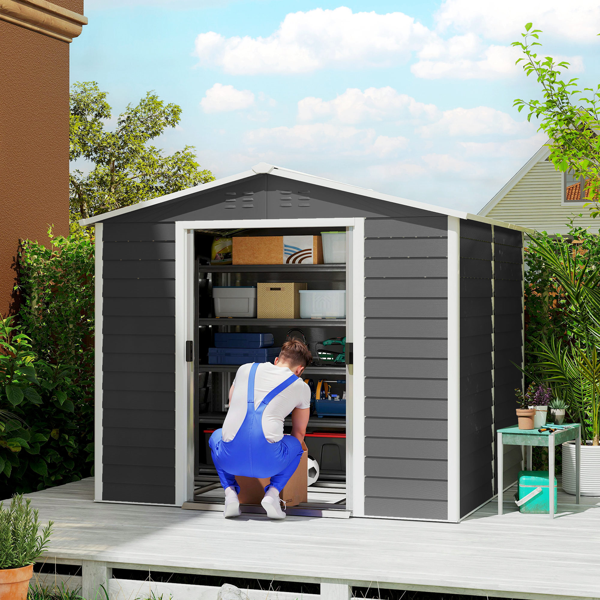 Caseta de Jardín Exterior 4,4 m², 240x206x198 cm, Cobertizo de Jardín Exterior Metálico con Base Refuerzo (Suelo NO Incluido), Puerta Corredera con Cerradura y 4 Ventanas para Patio, Gris
