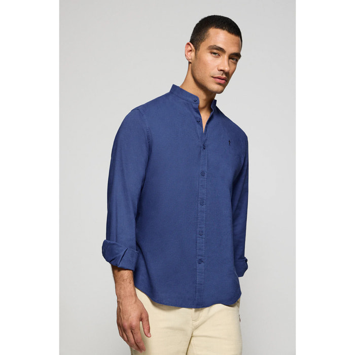Camicia blu presidenziale con colletto alla coreana in lino-cotone con ricamo Rigby Go