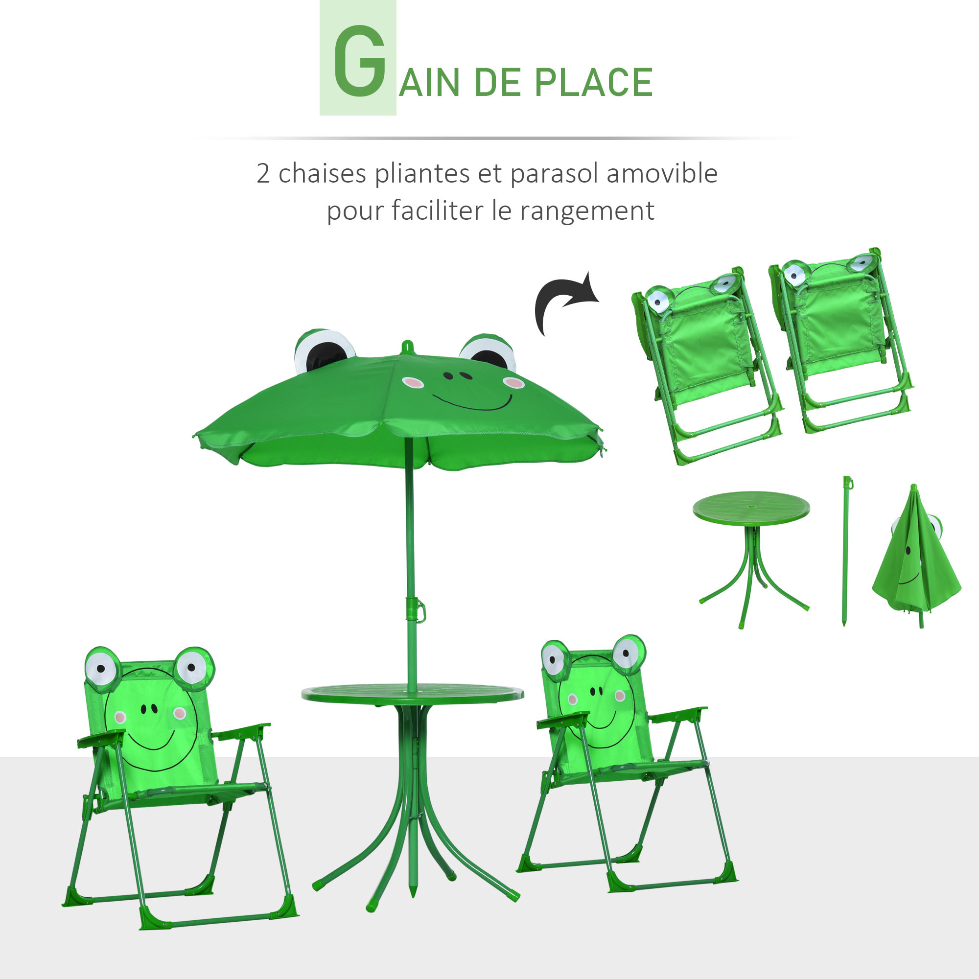 Ensemble salon de jardin enfant 4 pcs design grenouille - table ronde + 2 chaises pliables + parasol - métal époxy oxford vert