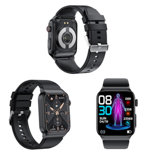 Smartwatch E500 con rilevamento della glicemia, pressione sanguigna e monitor O2. ECG con misurazione del torace. Schermo 1.8.