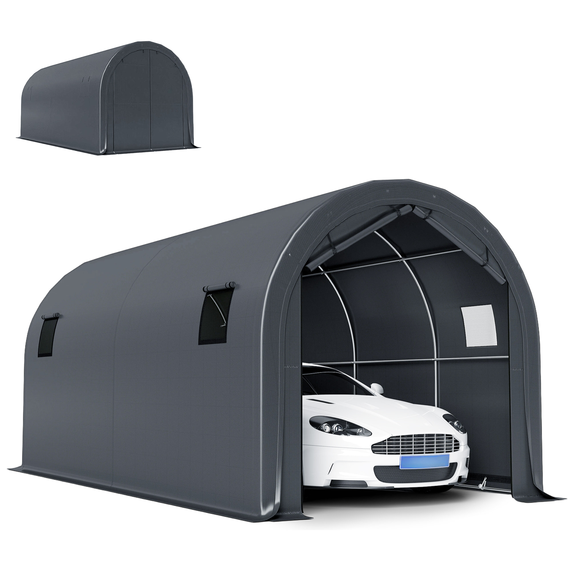Carpa Garaje Portátil 3x6 m, Garaje Exterior para Coche Impermeable con Puerta Enrollable con Cremalleras y 4 Ventanas, Marco Metal Galvanizado, UPF 30+, Cobertizo de Almacenamiento, Gris
