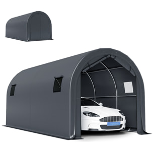 Carpa Garaje Portátil 3x6 m, Garaje Exterior para Coche Impermeable con Puerta Enrollable con Cremalleras y 4 Ventanas, Marco Metal Galvanizado, UPF 30+, Cobertizo de Almacenamiento, Gris