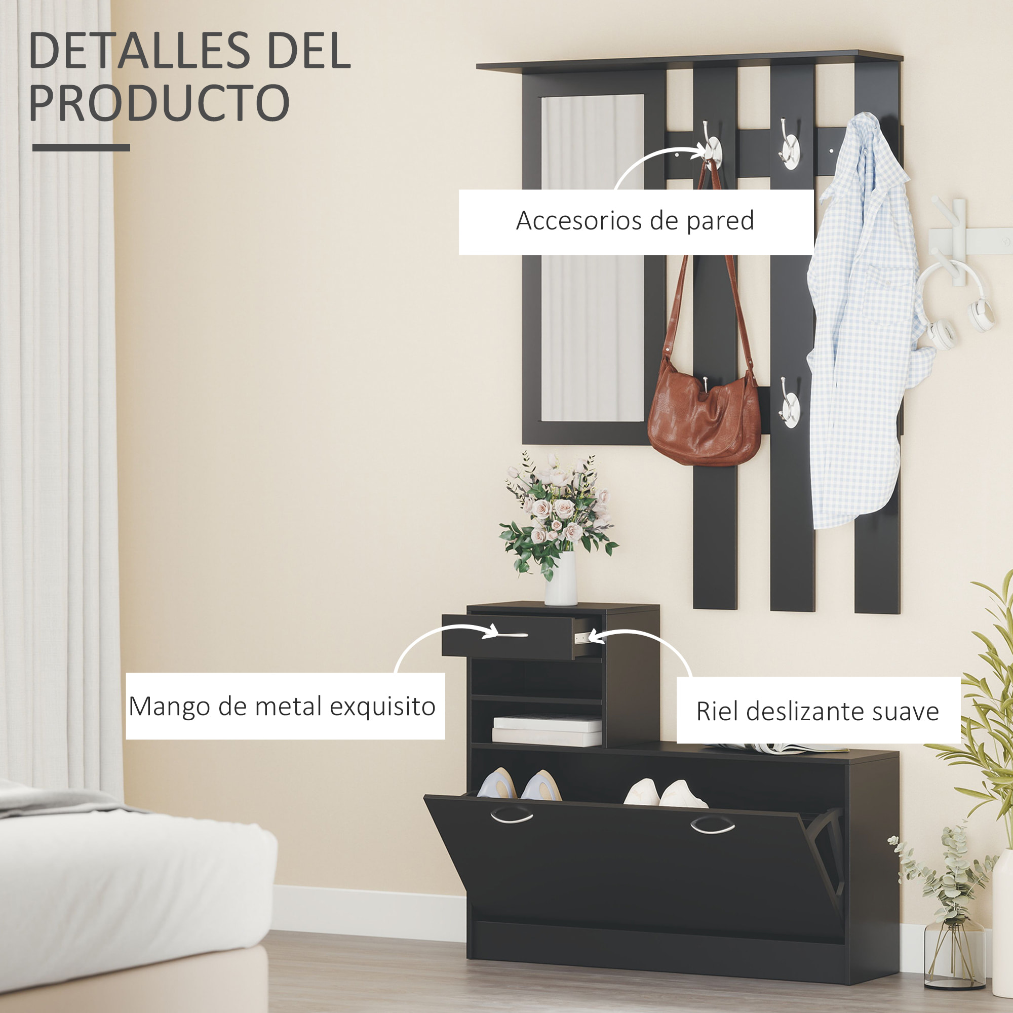 Conjunto de Recibidor de Entrada con Espejo, Perchero y Zapatero, Muebles de Recibidor de 2 Piezas con 6 Ganchos, Estante y Cajón, para Pasillo, Negro