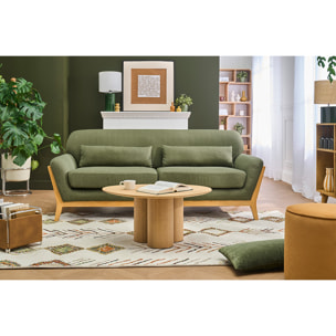 Canapé scandinave 3 places en tissu vert kaki et bois clair YOKO