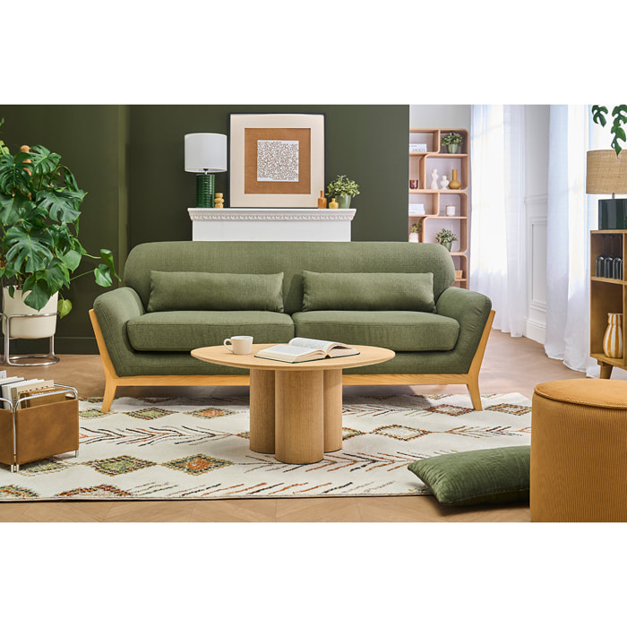Canapé scandinave 3 places en tissu vert kaki et bois clair YOKO