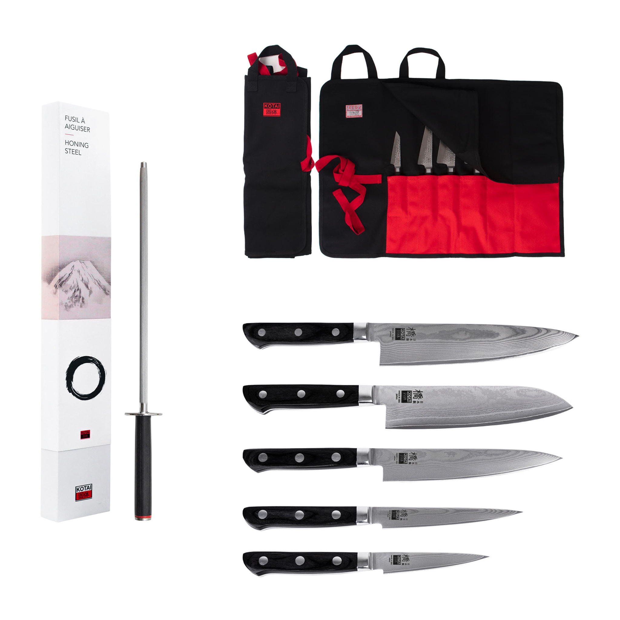 Set Hashi Damasco Nómada 7 piezas: 5 cuchillos (office 9cm + universal 12cm + petty 15cm + santoku 18cm + gyuto 21cm) + funda 100% algodón + afiladora