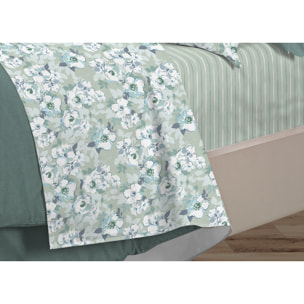 Completo Lenzuola Linea 3027 In Percalle Fantasia Floreale Disegno Indie Verde