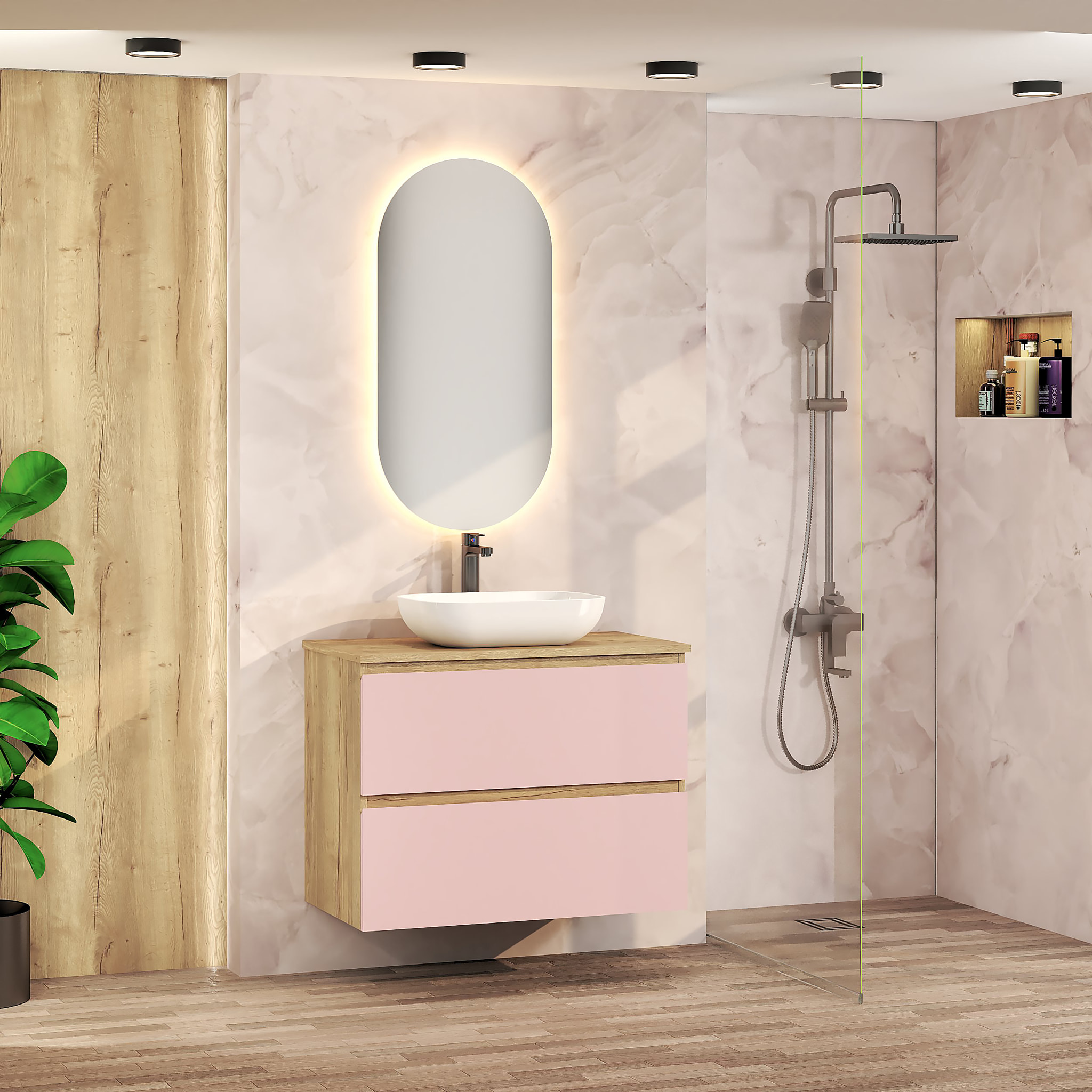 CONJUNTO DE BAÑO NIA | MUEBLE SUSPENDIDO | 80 CM ROSA | DOS CAJONES | LAVABO SOBREPUESTO | NO INCLUYE ESPEJO | MUEBLE MONTADO| ALDAY