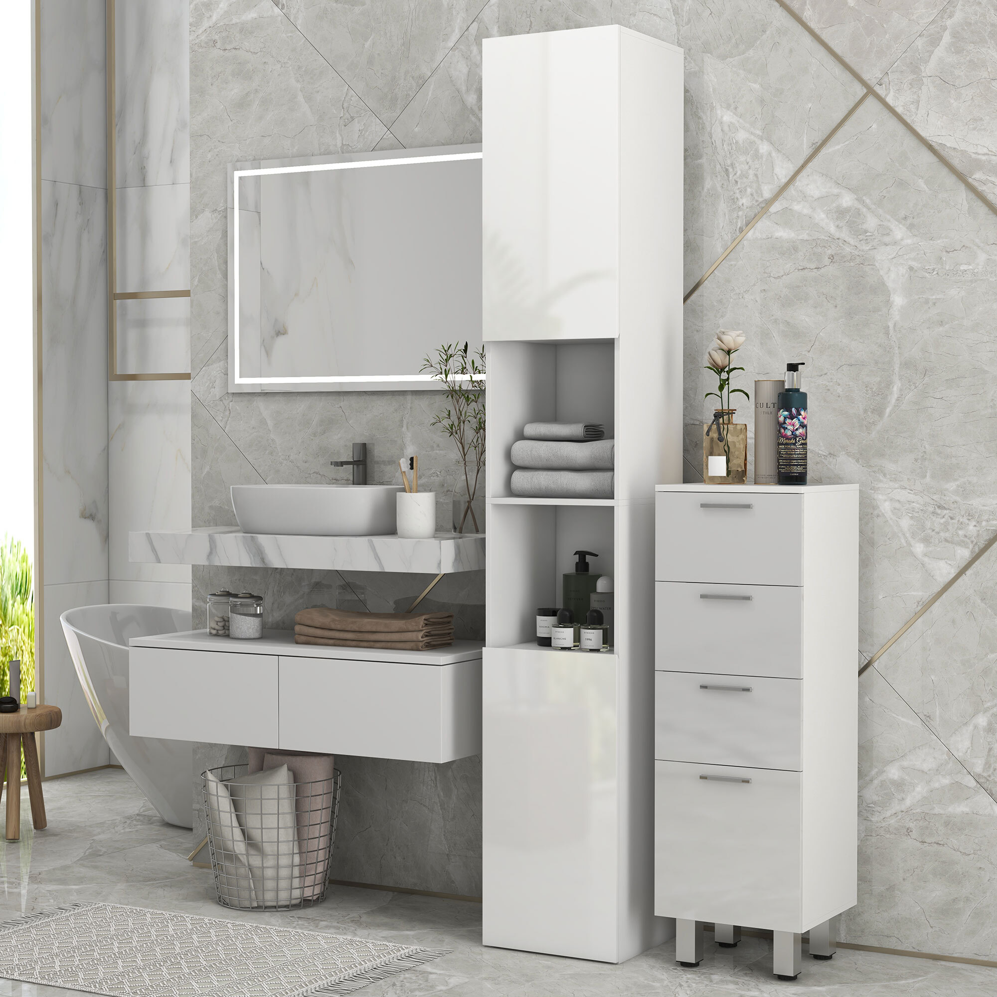 Meuble colonne rangement salle de bain style contemporain façade laquée 2 portes étagères 2 niches blanc