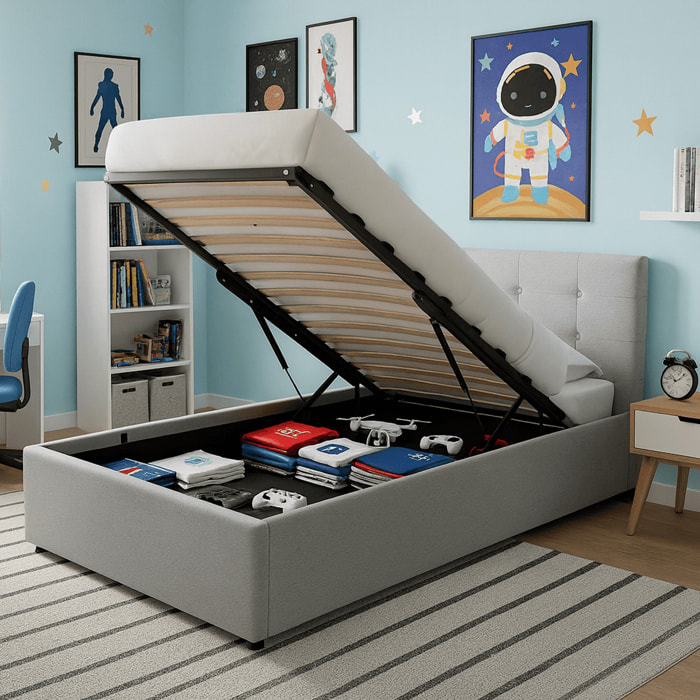 Lit coffre avec tête de lit en tissu - TINA