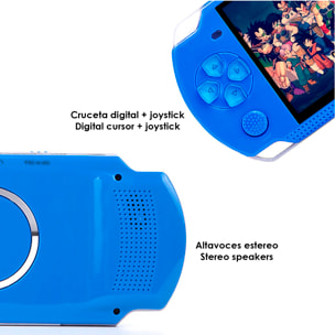 Consola de videojuegos X6 con juegos clásicos preinstalados. Reproductor multimedia con grabadora de sonido, cronómetro, calculadora y calendario.