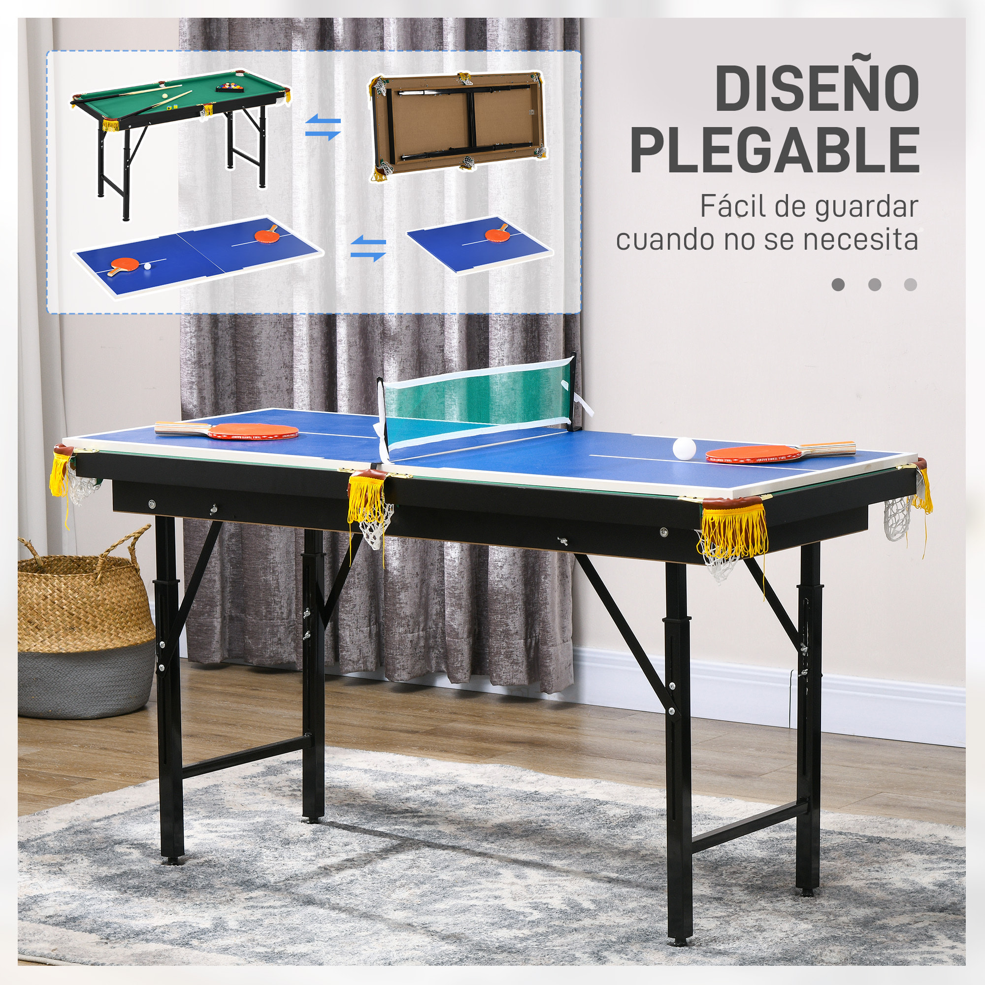 2 en 1 Mesa Multijuegos para Niños de 6+ Años Mesa de Billar Ping Pong Plegable con Altura Ajustable 140x63x60-80 cm Multicolor