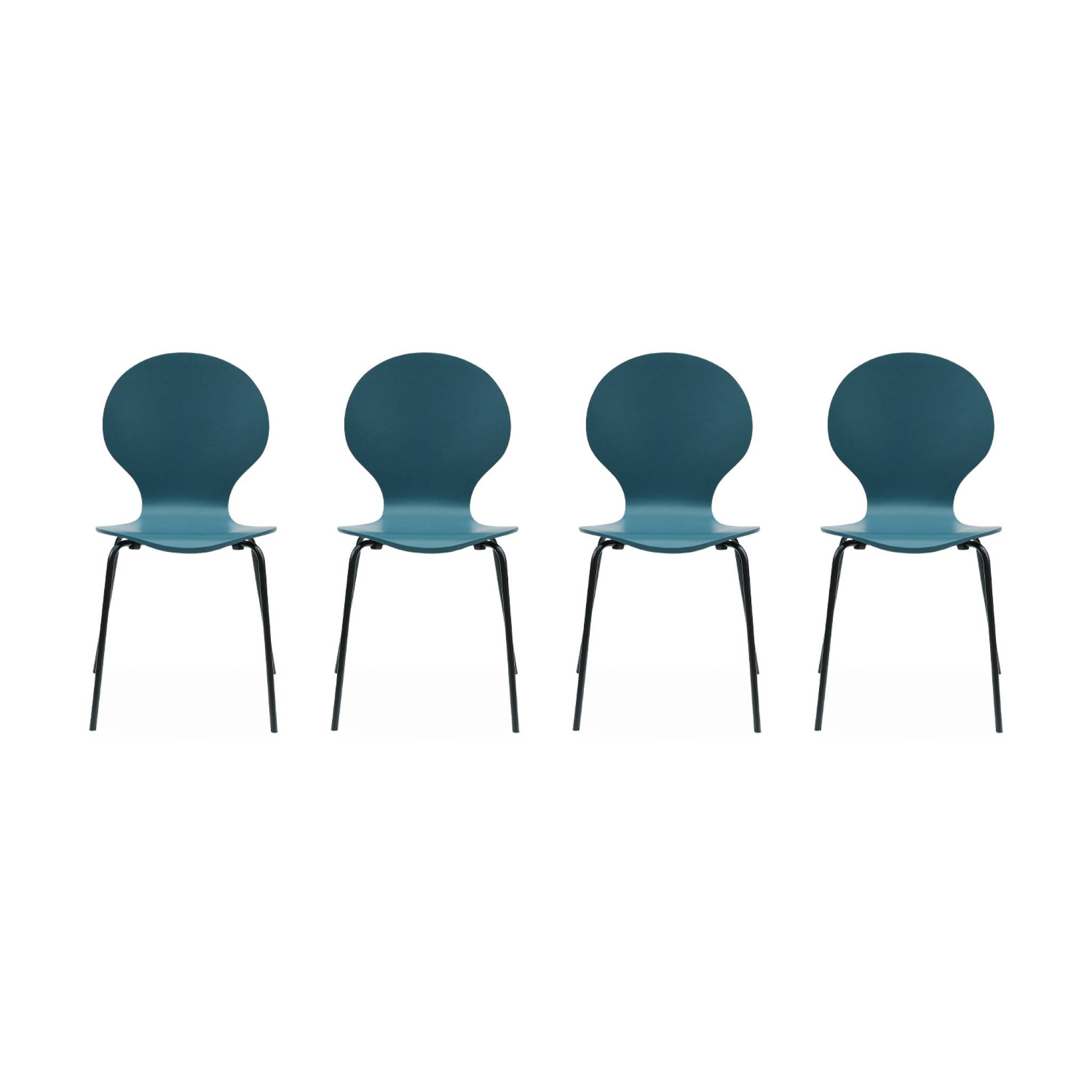 Lot de 4 chaises bleues. rétro empilables. bois d'hévéa et contreplaqué. pieds en acier. Naomi. L 43 x P 48 x H 87cm