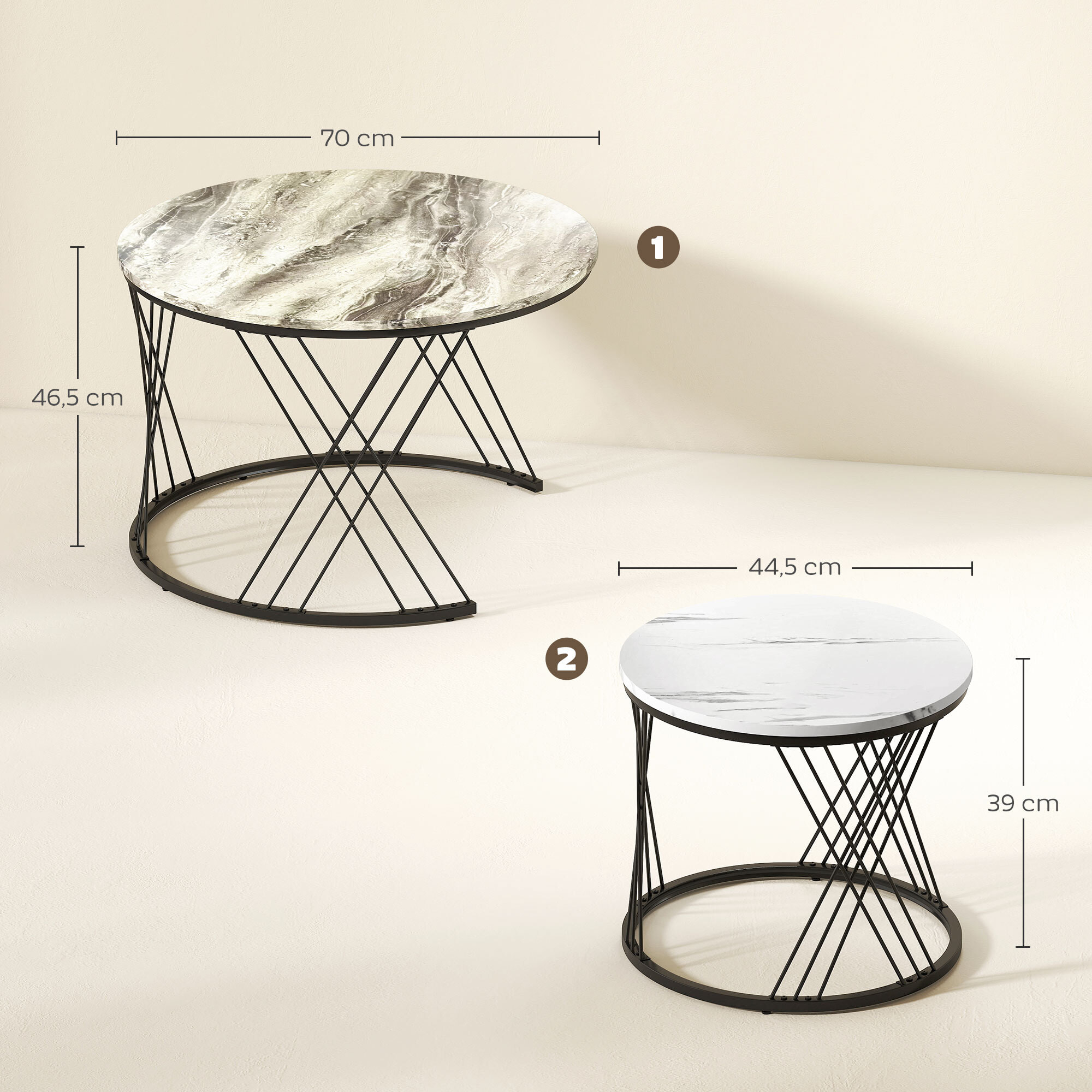 Lot de 2 tables basses design gigognes rondes dia. 70/44,5 cm métal noir effet marbre gris blanc