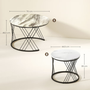 Lot de 2 tables basses design gigognes rondes dia. 70/44,5 cm métal noir effet marbre gris blanc