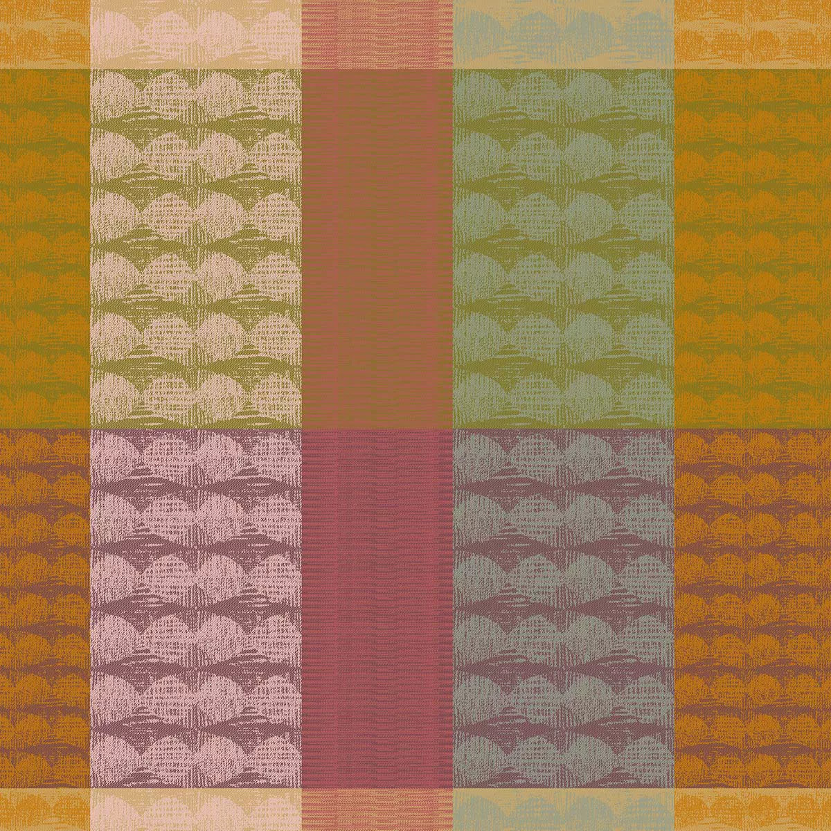 Serviette pur coton motif jacquard vert orange Mille halos prunus