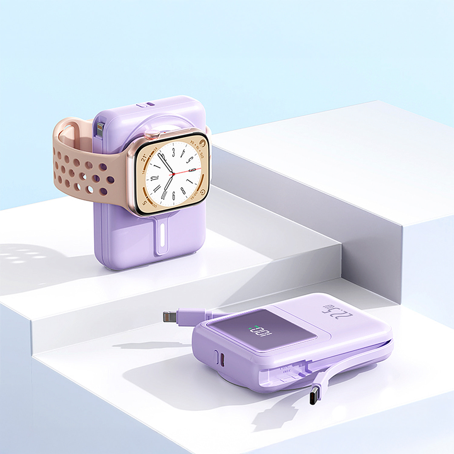 Powerbank 10.000mAh con ricarica rapida PD22,5W e ricarica wireless da 15W. Cavi USB-C e Lightning integrati. Display LED di carica.