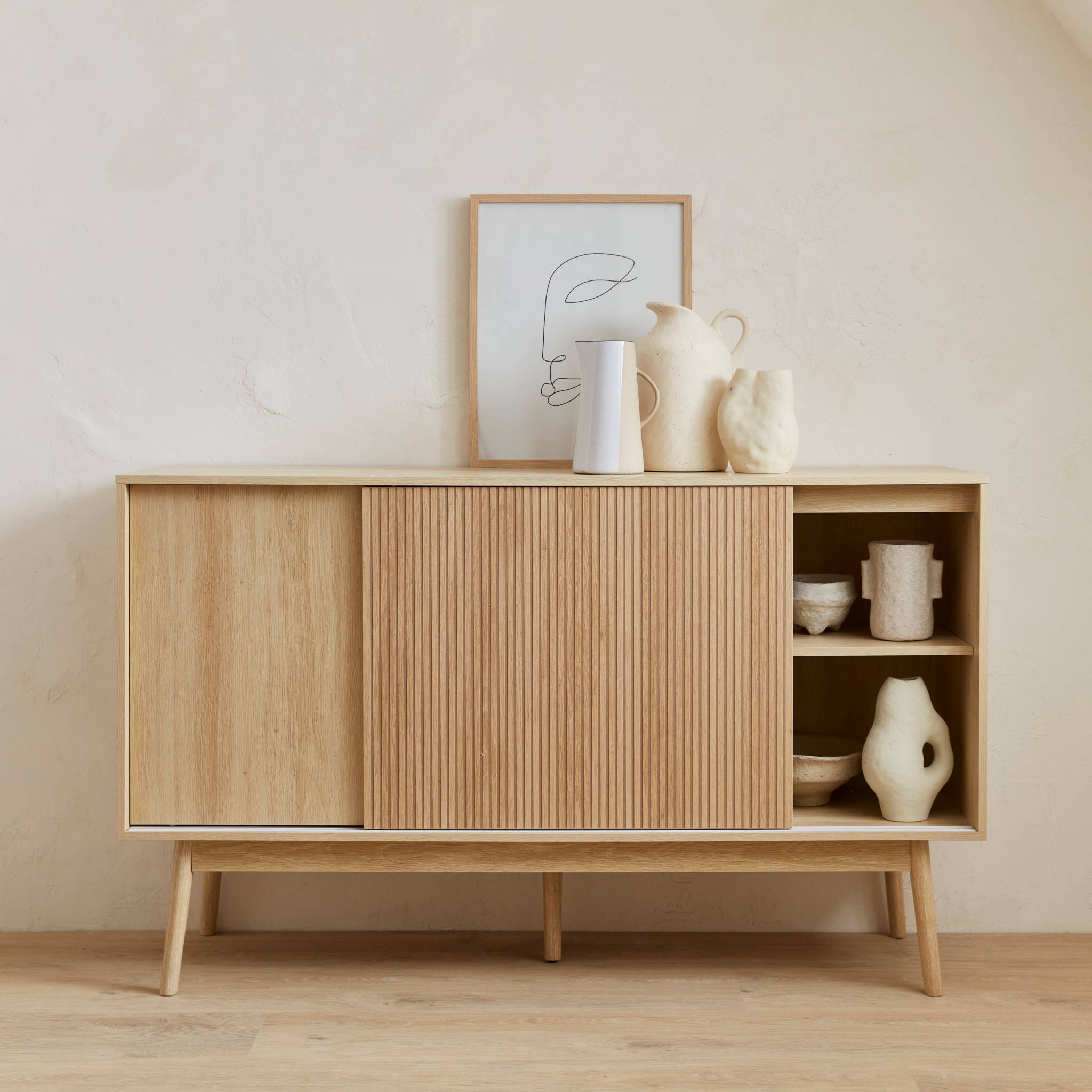 Buffet de rangement décor bois naturel. Linear. deux portes. deux étagères. buffet haut. vaisselier.  L 150 x P 39.5 x H 90cm