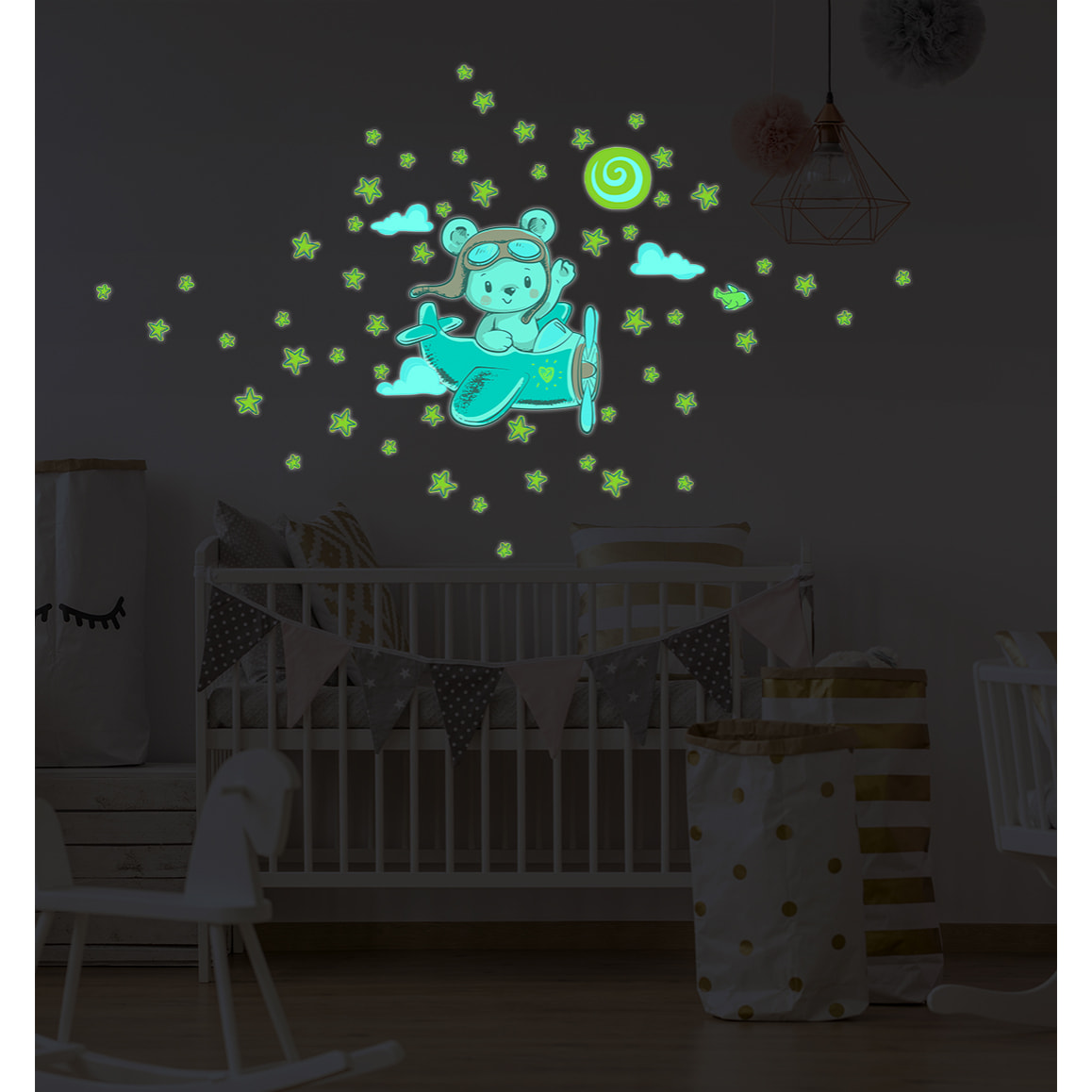 Sticker phosphorescent lumineux - OURSON PILOTE + 50 ÉTOILES