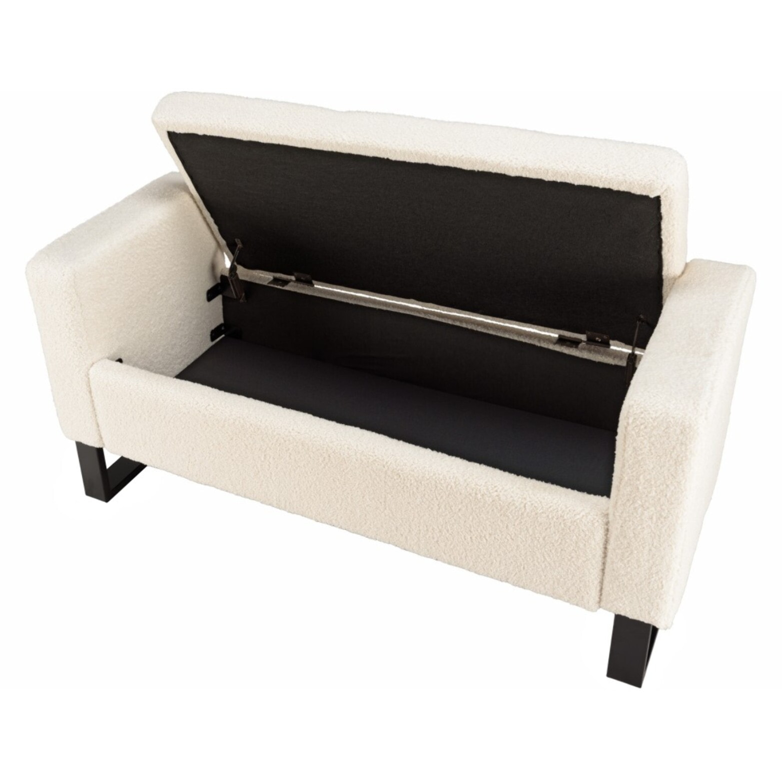 LEOPOLD - Banc tissu bouclette écru avec rangement et pieds métal noir