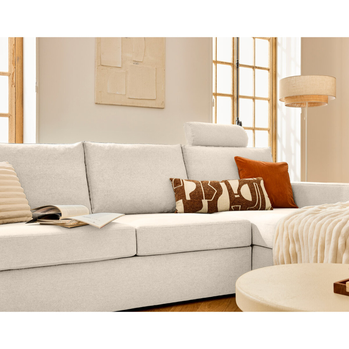 Barrie - canapé d'angle réversible 4 places avec têtière amovible en tissu - Beige