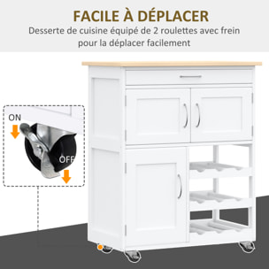 HOMCOM Desserte de cuisine multi rangements 2 placards tiroir casier 9 bouteilles MDF blanc plateau bois caoutchouc