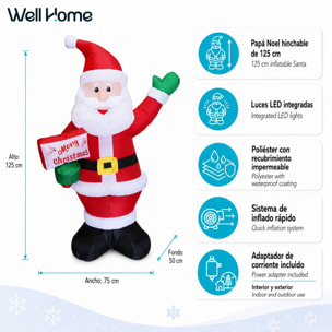 Papá noel hinchable con luces led, 75x50x125 cm, decoración navideña para exterior e interior, con adaptador y iluminación integrada