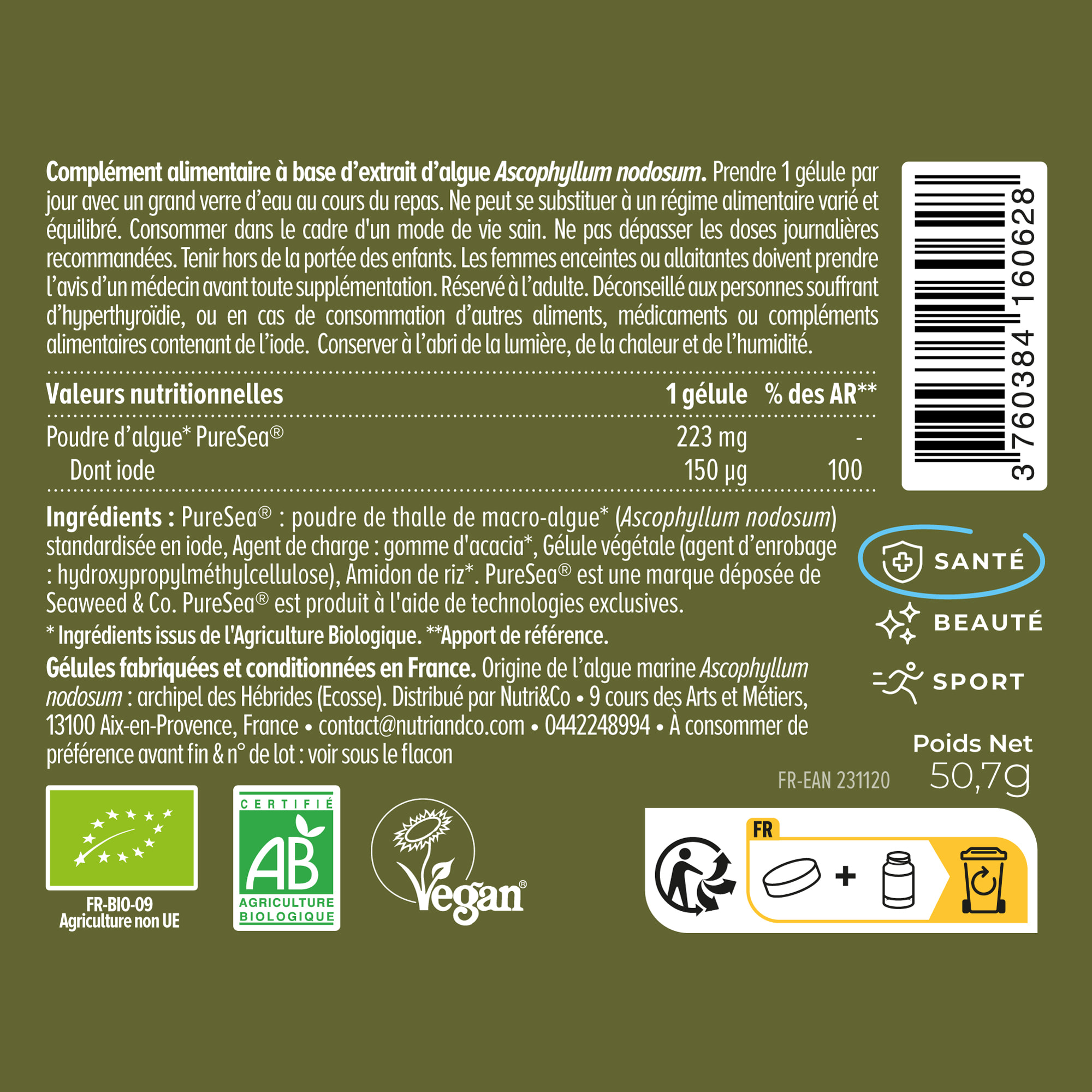 Nutri&Co Iode d'Algue Marine Bio Soutien de la Thyroïde - 120 gélules Vegan