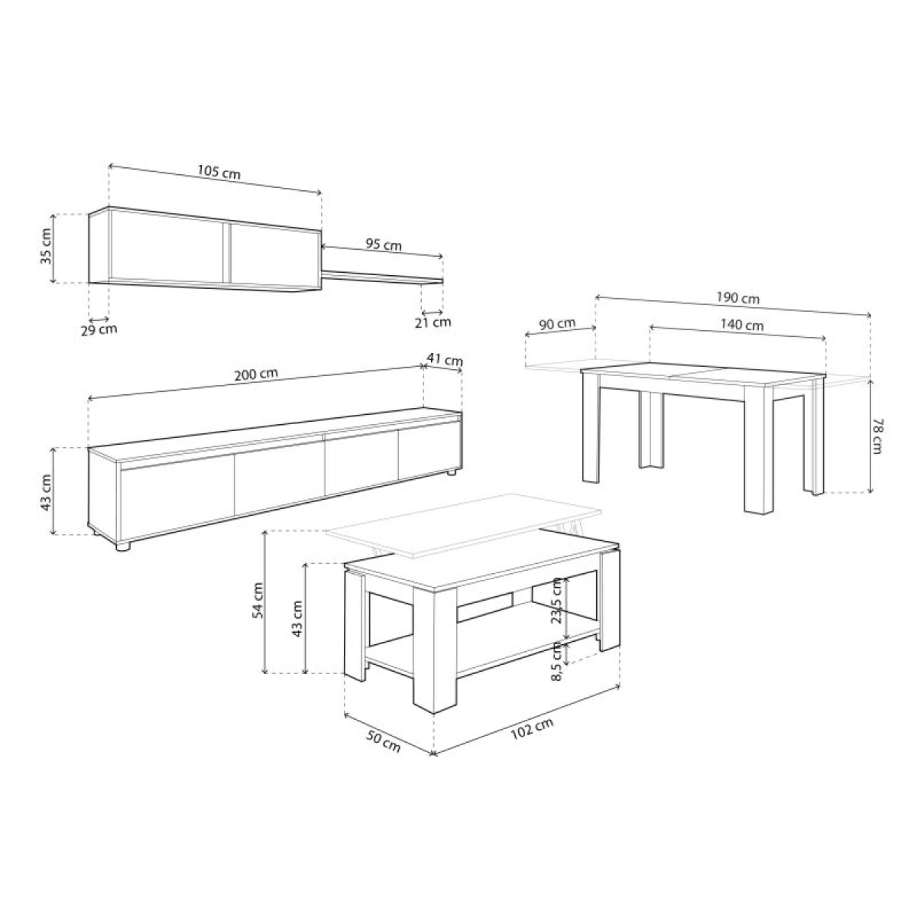 Pack salón con mesa de centro y mesa de comedor Arlet Max Blanco Artik (Blanco Mate) - Roble Canadian