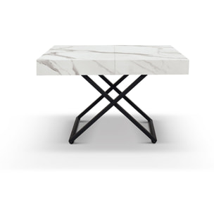 Tavolino CAMOGLI in legno, finitura bianco statuario e base in metallo nero trasformabile, 120x80 cm - 220x80 cm