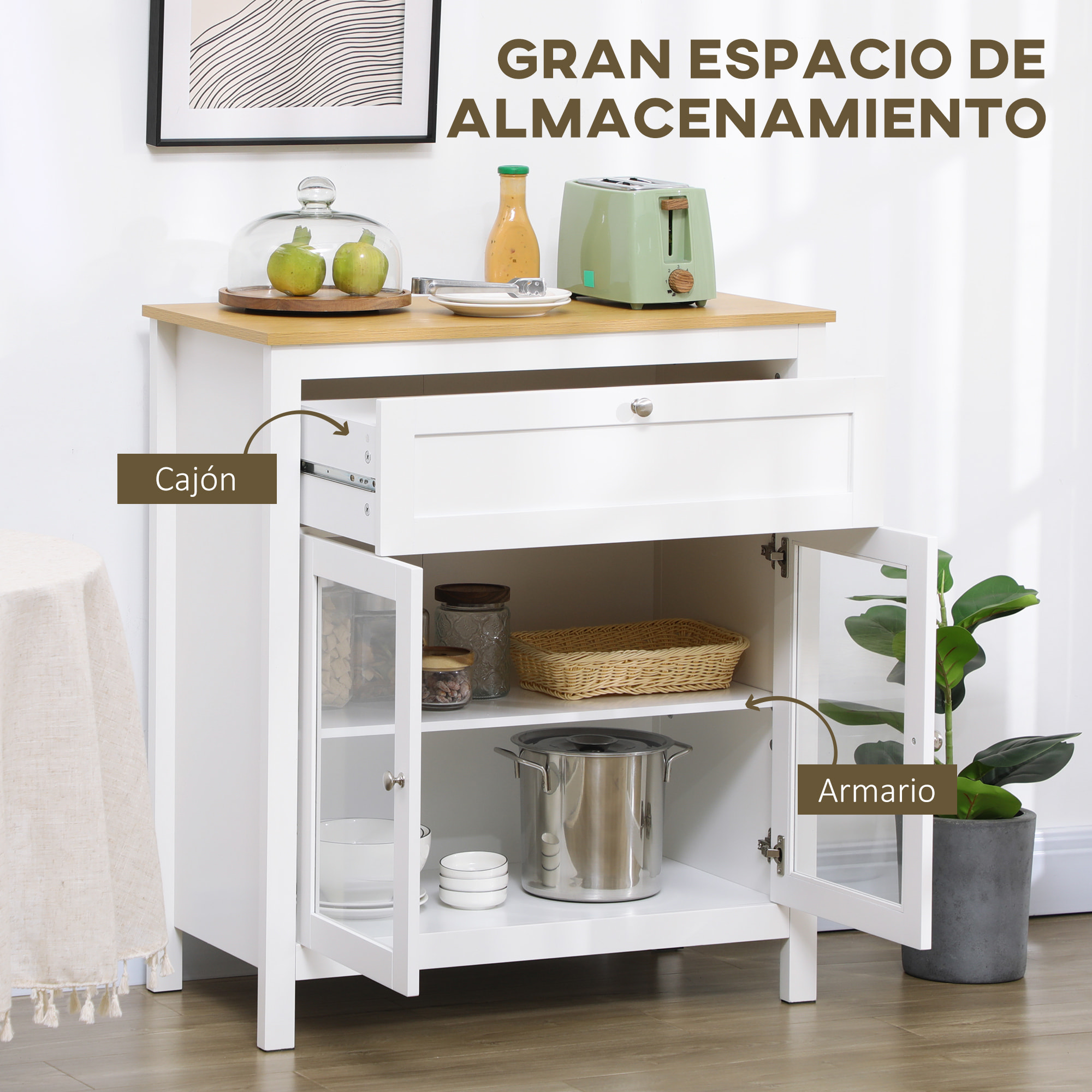 Aparador de Cocina Moderno Mueble Buffet Auxiliar con Cajón Estante Ajustable y 2 Puertas de Vidrio para Salón Comedor 80x40x90 cm Blanco
