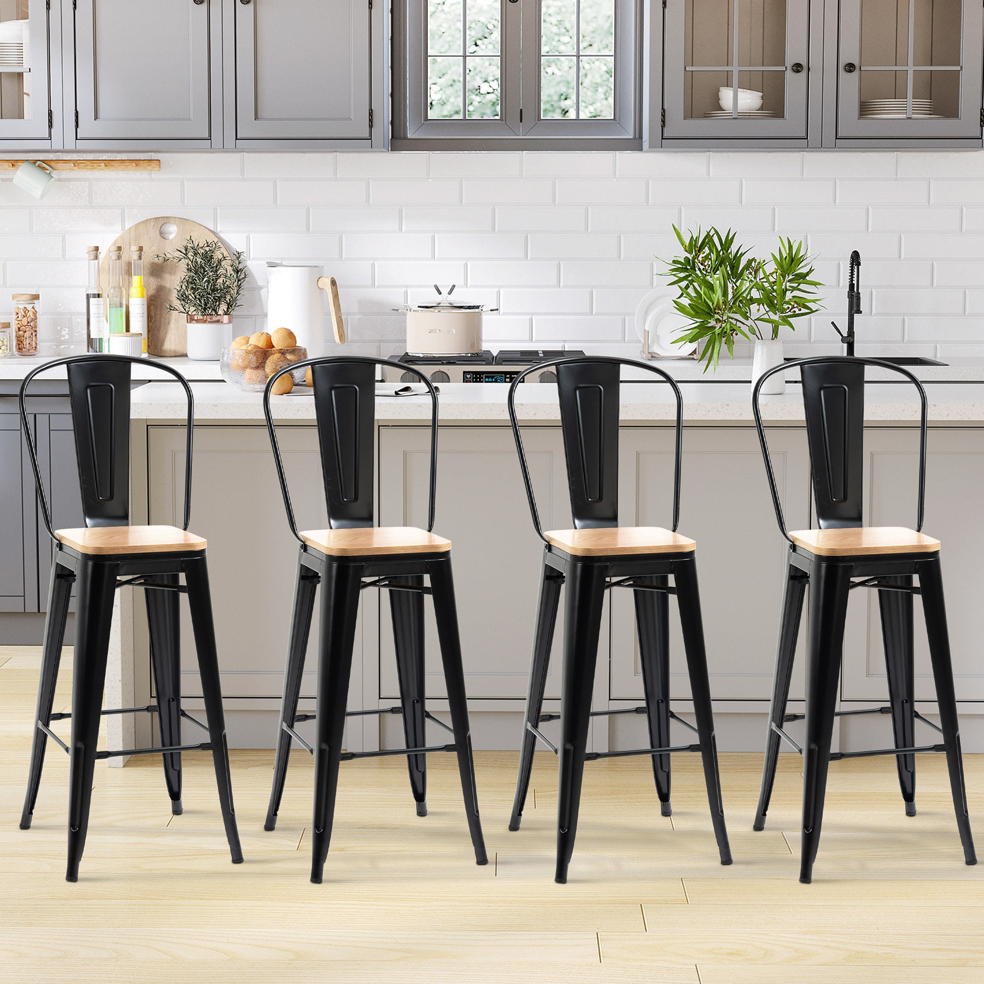 Lot de 4 tabourets de bar industriel avec dossier repose-pied hauteur assise 76 cm métal panneaux multicouches imitation bois clair