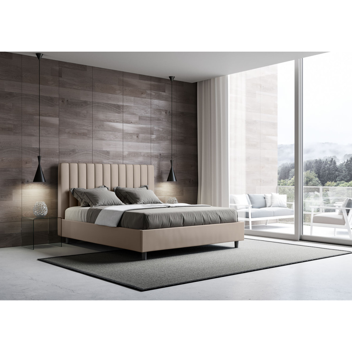 Cama con almacenaje acolchada 160x190 cuero sintético gris paloma Agueda