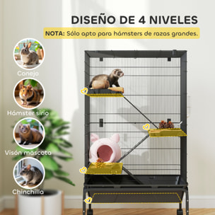 Jaula para Animales Pequeños de 4 Niveles Jaula para Roedores con Ruedas Rampas Cuenco Botella de Agua y Bandeja Extraíble Recinto para Conejos Chinchillas Hurones Cobayo 69x44x120 cm Negro