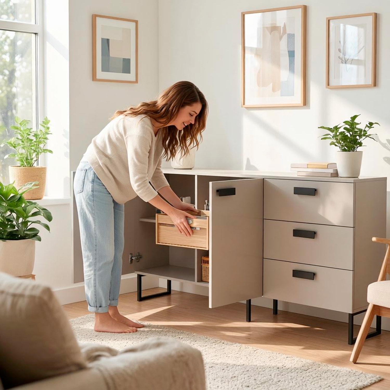 Madia con 2 Ante 3 Cassetti E Ripiani Interni Mobile Soggiorno Moderno In Melaminico Con Maniglie E Piedini Neri 184 x 86 x 40 Cm Cashmere