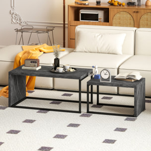 Lot de 2 tables basses gigognes design industriel encastrable dim. grande table 90L x 48l x 42H cm métal noir effet marbre gris