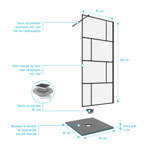 Pack Paroi de douche 90x195 cm + RECEVEUR A CARRELER 90X90 RECOUPABLE + BONDE HORIZONTALE