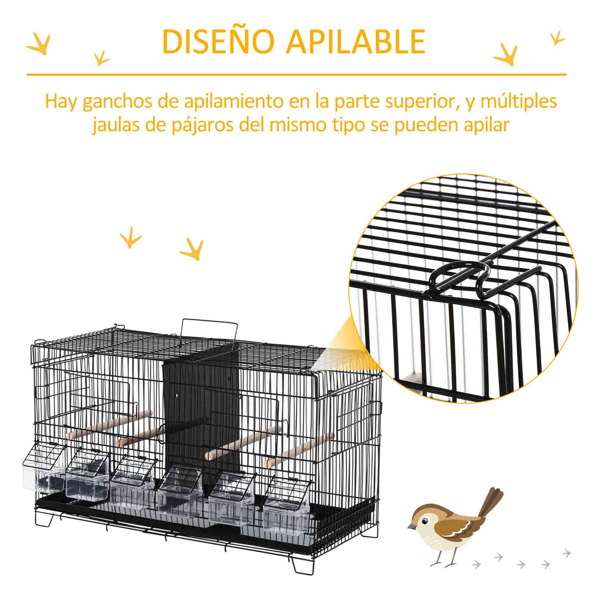 Jaula para Pájaros con Divisor Pajarera con Ganchos Superiores Puertas Comederos Perchas y Bandeja Extraíble para Canarios Periquitos 59,5x26,5x39,5 cm Negro