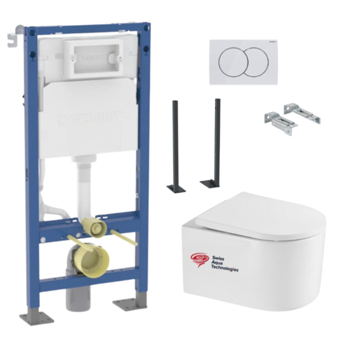 Bâti-support Geberit + WC sans bride Swiss Aqua Technologies + Abattant SoftClose + pieds autoportants + Plaque (DelanoTQGebX)