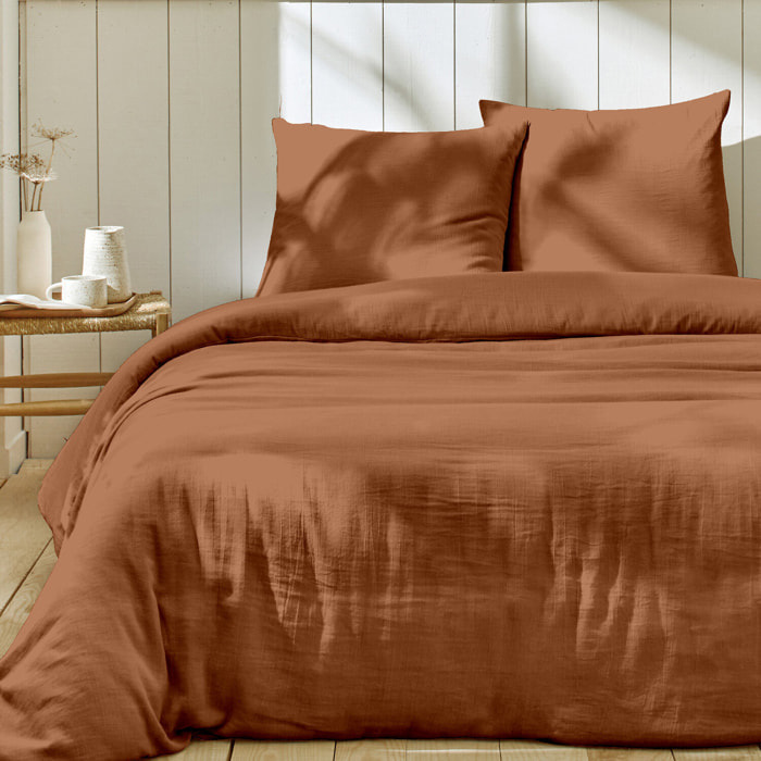 Parure housse de couette 3pcs unie 100% gaze de coton - terre cuite