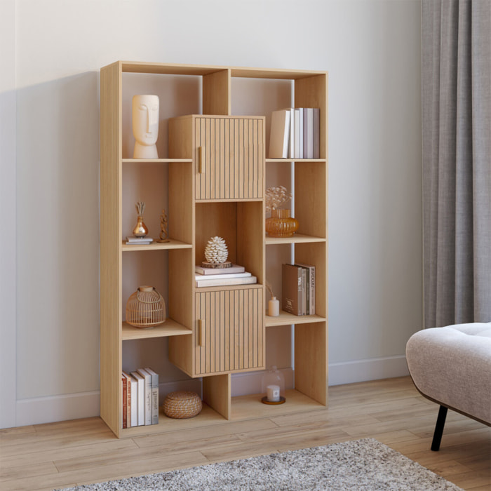 Etagère bibliothèque Faustine effet lattes 11 compartiments 143cm