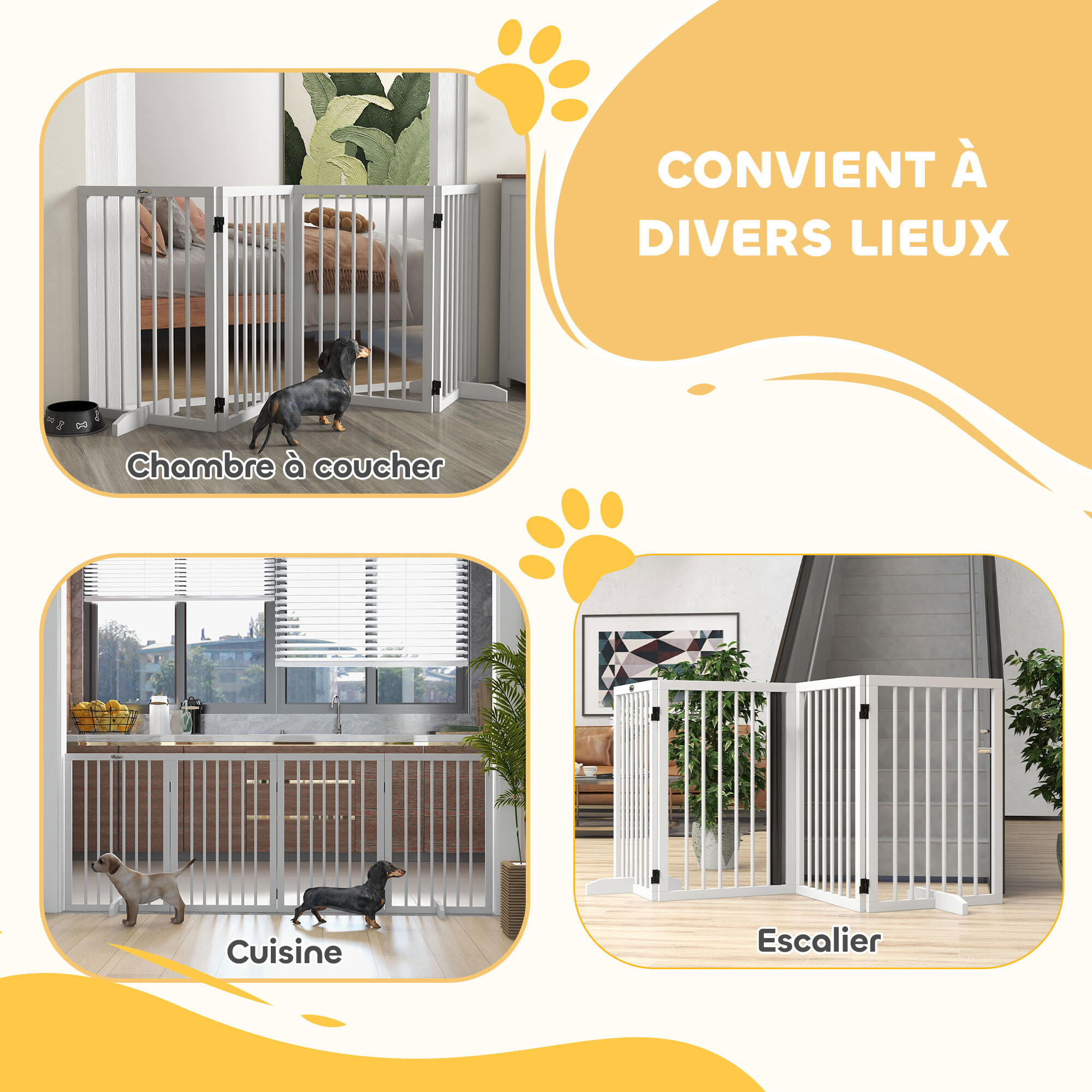 Barrière de sécurité chien 4 panneaux modulable autoportante dim. max. 206L x 35l x 76H cm bois blanc