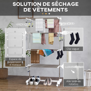 Séchoir à linge étendoir pliable ailes latérales sur 4 niveaux