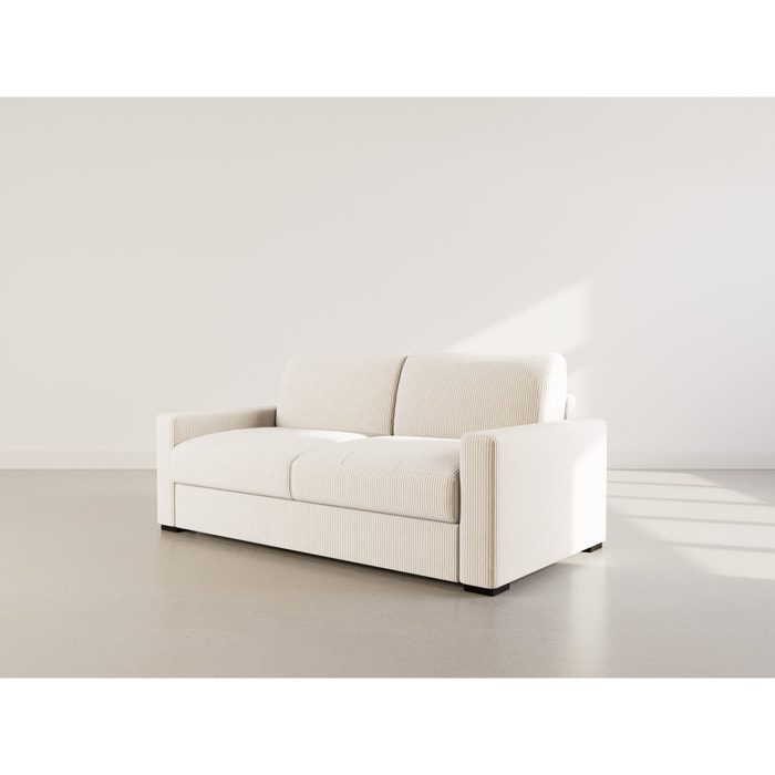 Tristan - Canapé lit 3 places convertible express couchage quotidien 140 cm matelas 14 cm en velours côtelé - Beige
