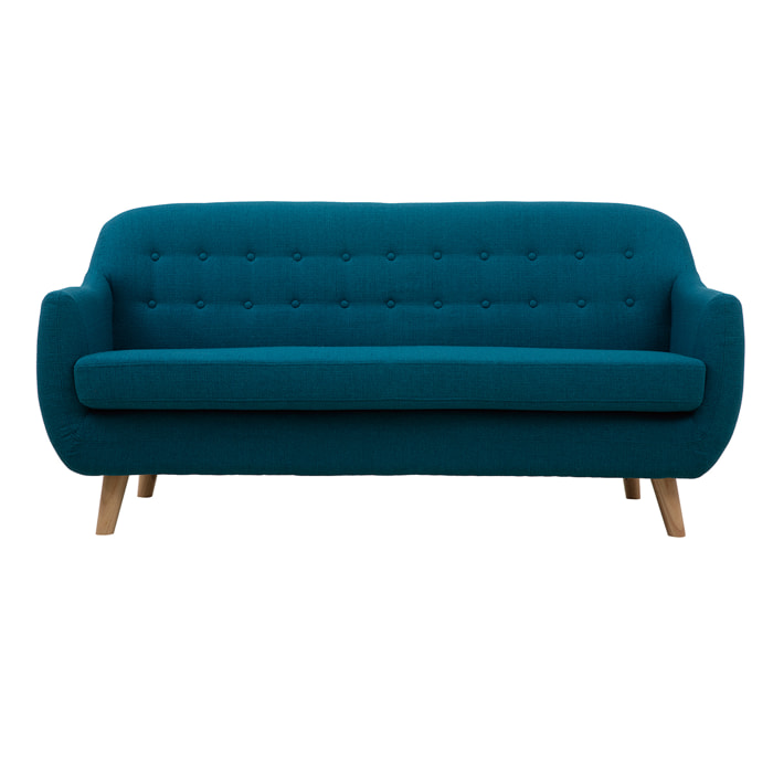 Canapé scandinave déhoussable 3 places en tissu bleu canard et bois clair YNOK