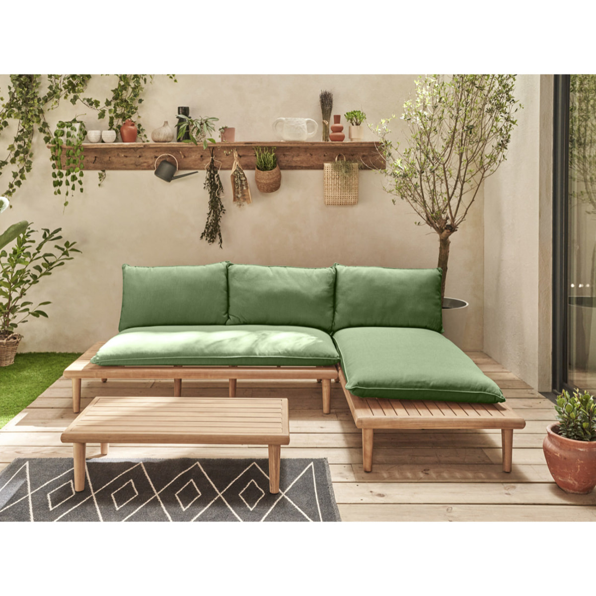 Papeete - salon bas de jardin avec coussins vert - 4 places + table - en bois d'acacia FSC  100% - Vert / Beige