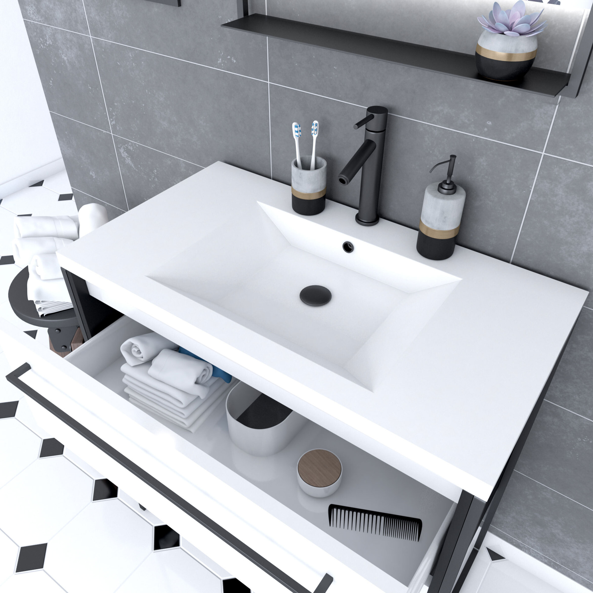 Pack meuble de salle de bain 80x50 cm NOIR MAT - 2 tiroirs blanc - vasque blanche + miroir LED