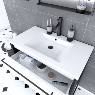 Pack meuble de salle de bain 80x50 cm NOIR MAT - 2 tiroirs blanc - vasque blanche + miroir LED