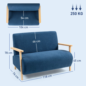 Sofá de 2 Plazas Tapizado en Borreguito Sofá de Salón de 118 cm con Acolchado Grueso Reposabrazos y Patas de Madera para Dormitorio Sala de Estar Azul Oscuro