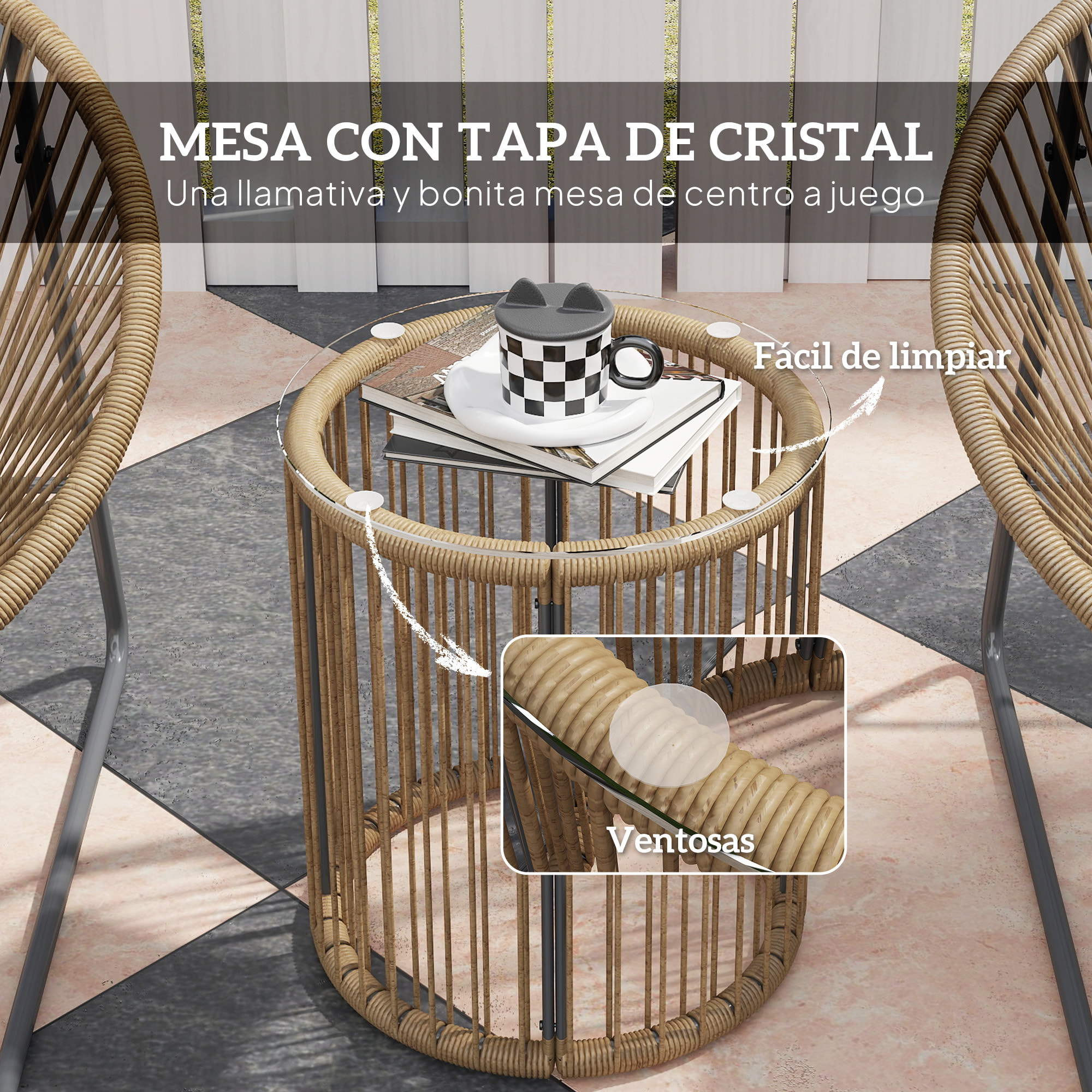 Conjunto de Jardín Exterior de 3 Piezas Juego de 2 Sillas y Mesa de Ratán con Cojines Acolchados y Encimera de Vidrio Templado para Balcón Terraza Natural